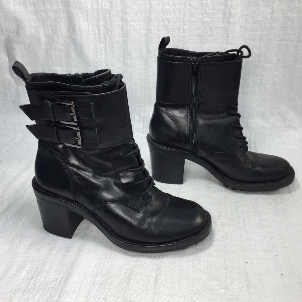 Zara Woman Black Vegan Leather Lace Ankle Booties 36 5.5